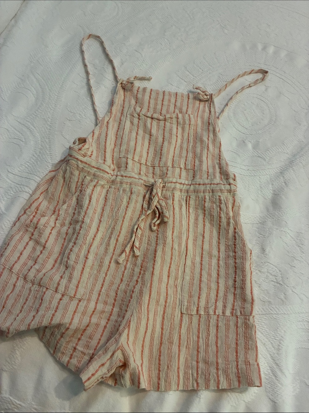 Striped Linen-Blend Short Overalls in Cream & Rust
